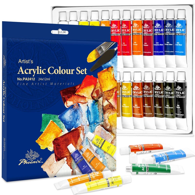 PHOENIX Acrylic Paint Set, 24x12ml Tubes, Non-toxic Craft Paints for Canvas, Paper, Wood, Ceramic, Acrylic Painting Art Supplies for Adults, Beginners - Image 1